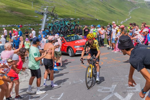 Col du Tourmalet, France - July 06 2023: Sepp Kuss climbig the road to Col du Tourmalet in Pyerenees mountains during the stage 6 of Le Tour de France 2023.