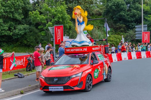 Bayonne, France: 03 July 2023: Caravan car of Tour de France in the 3 stage of "Le Tour de France"" in Bayonne, Basque Country. France."