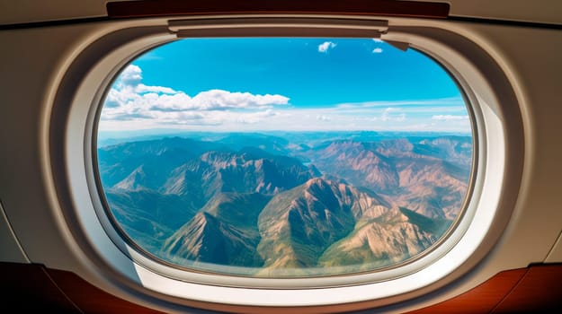 Aerial view of beautiful mountains seen through a luxury private helicopter window. AI generated
