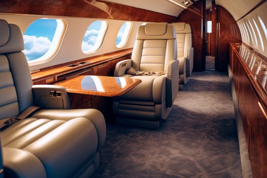 Interiors inside a luxury private business jet. Luxury interior in bright colors of genuine leather in the business jet. AI generated
