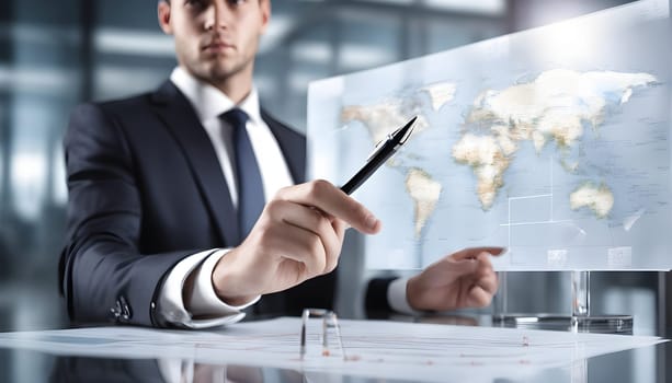 Businessman with pen in hand and an organization chart in front of him - business icon photo