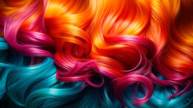Vibrant multicolor hair curls. Fashion hairstyle.Abstract background of multicolored vibrant soft hair locks. Bright rainbow colors hair texture. AI generated