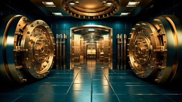 Bank safe and vault doors. Gold metal round gats in  bunker room with tiled floor and durable walls. Storage for gold and money. AI generated