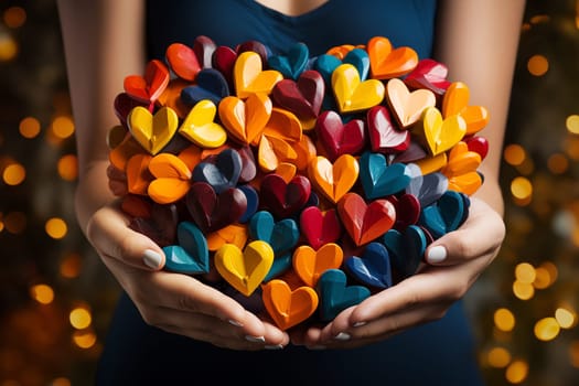 Holding colorful hearts in the hand, volenteer and humanitarian help concept, charity and friendship, support and love