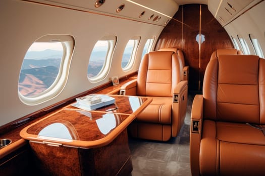 Interiors inside a luxury private business jet. Luxury interior in bright colors of genuine leather in the business jet. AI generated