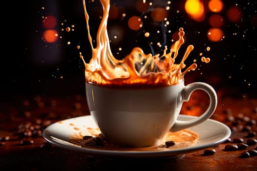 Splash and splatter from a cup with coffee on a black background. AI generated
