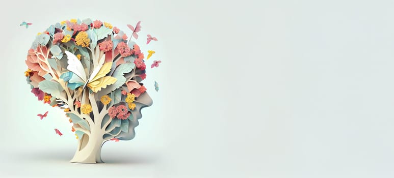Human brain with flowers and butterflies, self care and mental health concept, positive thinking, creative mind