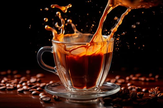 Splash and splatter from a glass cup with coffee on a black background. AI generated