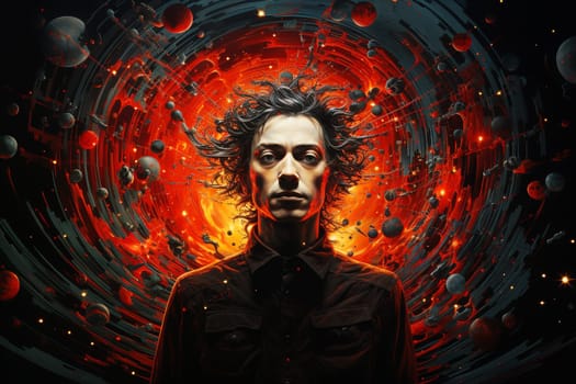Man in a tunnel of fire, consciousnes of mind, burnout and stress, hypnosis and manipulation, mental health