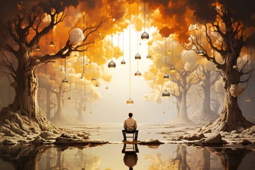 Man surrounded by many light bulbs in nature, spirituality, explosion of ideas, brainstorming for solutions, open mind for discovery