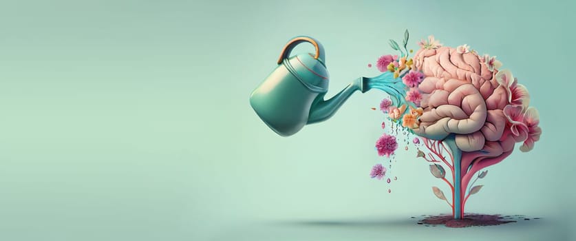 Human brain growing from a flower, watering can is pouring water on the mind, mental health concept, positive attitude, creative thinking