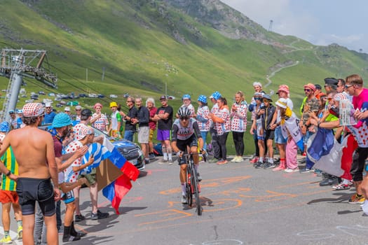 Col du Tourmalet, France - July 06 2023: Marc Soler climbig the road to Col du Tourmalet in Pyerenees mountains during the stage 6 of Le Tour de France 2023.