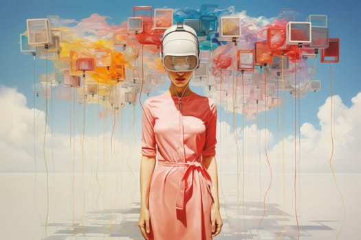 Woman, mind and eyes covered with digital device, vision and imagination, personal development, clouds to connect