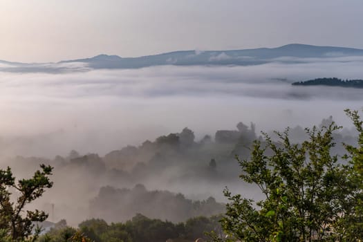 View of Galicia mountain landscape at the sunrise along the way of St. James. Lugo