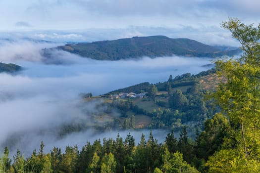 View of Galicia mountain landscape at the sunrise along the way of St. James. Lugo