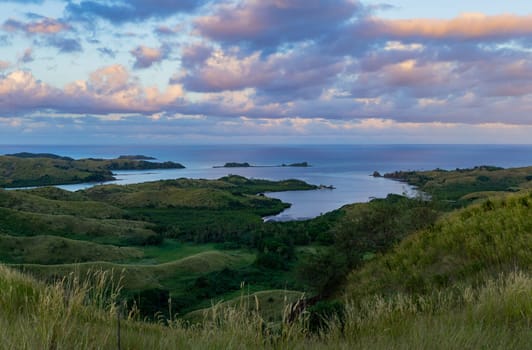 Top view of Nacula island at sunset, Yasawa island group, Fiji, South Pacific islands
