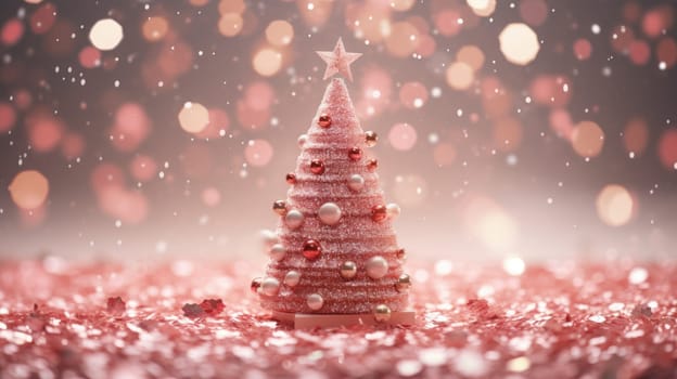 christmas tree xmas holiday decoration with glitter bokeh background, ai