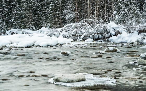 Small creek in winter, snow covered trees and shore background, ice on top of rocks at river