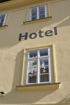 Hotel lettering on the facade of a hotel in the Mala Strana district of Prague in the Czech Republic