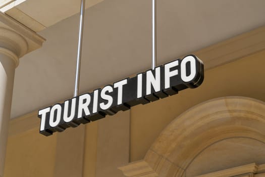 Tourist Info lettering in front of a tourist office in the Humboldt Forum in the center of Berlin
