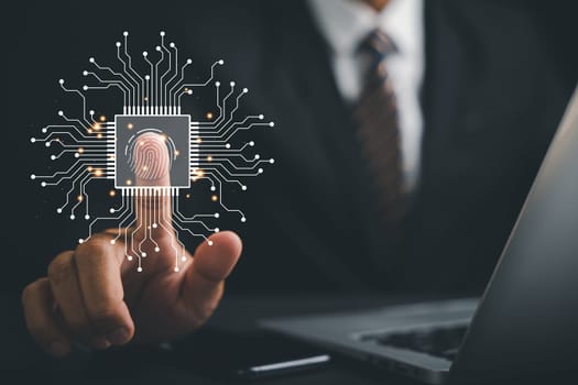 Digital fingerprint scanning for seamless access to personal financial data. Biometric identification scanner on web screen ensuring advanced security. Embrace the future of technology