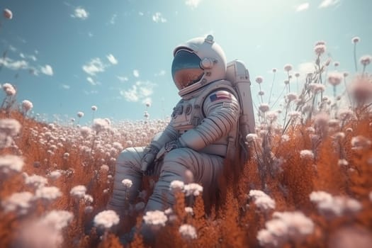 Embark on intergalactic adventure with an astronaut in a space suit exploring a field of colorful flowers and encountering a butterfly. Perfect for science fiction and fantasy concepts. AI Generative.