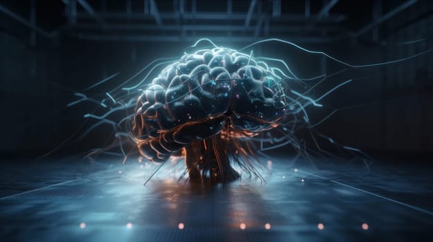 Artificial intelligence concept with futuristic android brain and hi-tech circuit board background. AI is Generative machine learning.