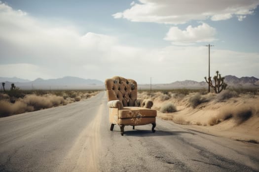 A lone chair on a quiet highway represents the beauty of nature and landscape in a tranquil setting. This outdoor shot in sepia tone is ideal for travel and tourism themes. AI Generative.