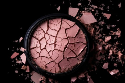 Round beige face powder and eyeshadow with brush for makeup on white background. AI Generative.