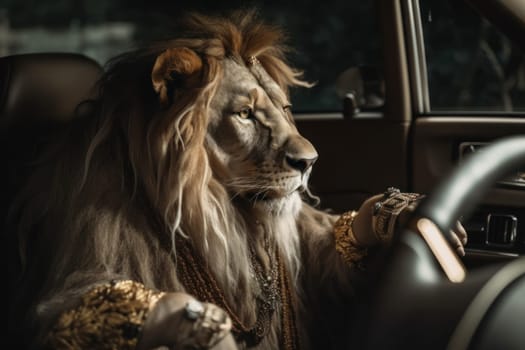 Looking for an adventure of a lifetime? Join the lion king in the car seat and explore the beauty of nature and wildlife on a thrilling safari tour. Don't miss this opportunity Generative AI