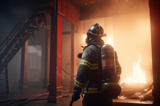 Amidst the smoke and heat of a burning building, a firefighter works tirelessly to extinguish the blaze. The skills and experience required of those in the firefighting career. AI Generative
