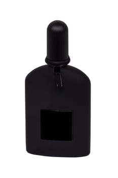 Cosmetic labels. Close-up of a black elegant male parfum glass bottle with empty black label isolated on a white. Clipping path. Copy space. Adbvertising. Macro.