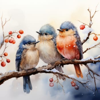 cute bright birds on a branch with a red berry in the winter under the snow. Generative AI