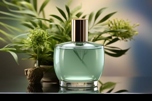 Cosmetic glass bottle of luxury product on blurred eco background. product presentation, demonstration of cosmetic products.Modern stylish bottle.Generative AI