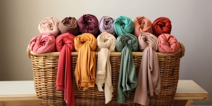 Veils and scarves in a basket, made of comfortable cotton in several color options.Generative AI