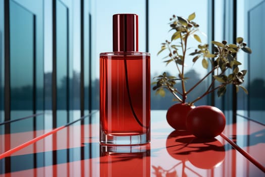 Cosmetic glass bottle of luxury product red design on a bright background with a bouquet of flowers. product presentation, demonstration of cosmetic products. Modern stylish bottle.Generative AI