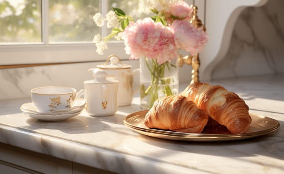 Cup of tea with flowers and croissants on a marble tabletop in the morning sun.Generative AI