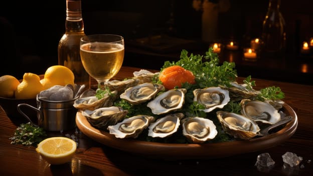 A platter of fresh oysters on a bed of ice. Oysters with lemon and wine. Food in a restaurant .Generative AI