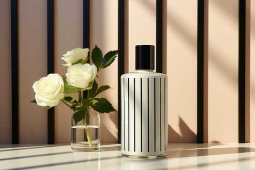 Cosmetic glass bottle of luxury product black and white design on graphic background. product presentation, demonstration of cosmetic products. Modern stylish bottle.Generative AI