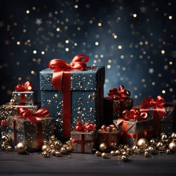 holiday gifts with christmas tree decorations on Christmas beautiful background. Generative AI