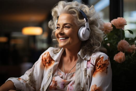 happy senior woman in headphones surrounded by flowers on the veranda .Generative AI