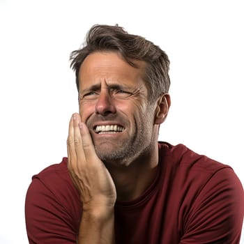 a man suffering from a painful toothache, he keeps his eyes closed in pain, touches his cheek. Generative AI