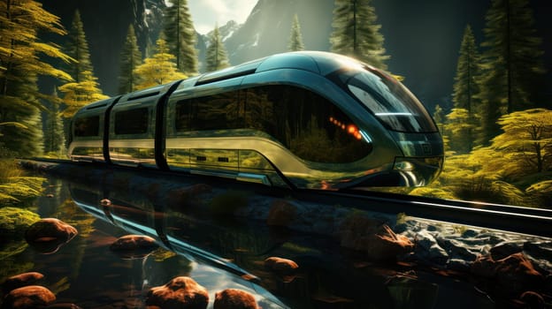 Futuristic high speed express passenger train. Logistics and technologies of the future.eco-friendly solar-powered technologies.Generative AI