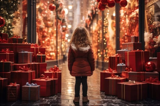 little girl in a red jacket looking through a display window at Christmas decorations and gifts in a store.Generative AI