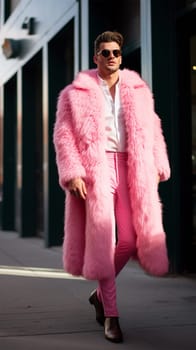 Young stylish man in a pink long fur coat on a city street, illustration for a fashion magazine. Generative AI
