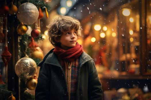 A blond boy in a red scarf walks through a Christmas market under the snow. Generative AI