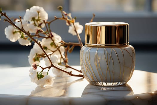 Cosmetic crystal bottle inlaid with gold of a luxury product with white fresh flowers. product presentation, demonstration of cosmetic products. Modern stylish luxury bottle,Generative AI