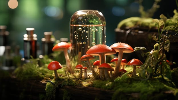 bottle for perfumes and cosmetics near beautiful fly agarics with drops of water after rain in a forest clearing.Generative AI