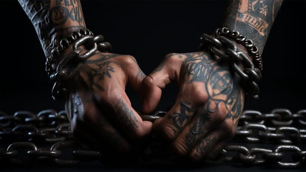 hands of a man in chains. Anti-slavery and illegal imprisonment concept .Generative AI