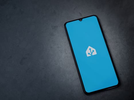 Lod, Israel - July 16,2023: Home Assistant app launch screen on smartphone on dark marble stone background. Top view flat lay with copy space.